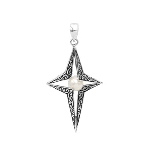 Sterling silver pendant featuring a four-point star design with White Pearl center and detailed filigree craftsmanship.
