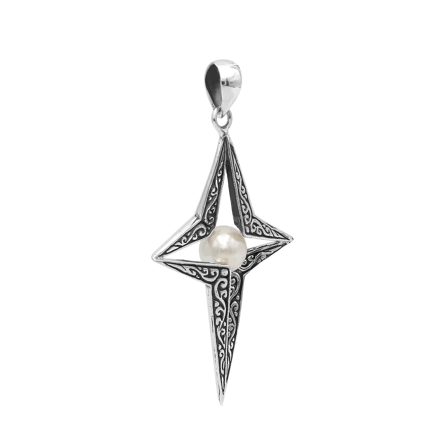 Sterling silver pendant featuring a four-point star design with White Pearl center and detailed filigree craftsmanship.