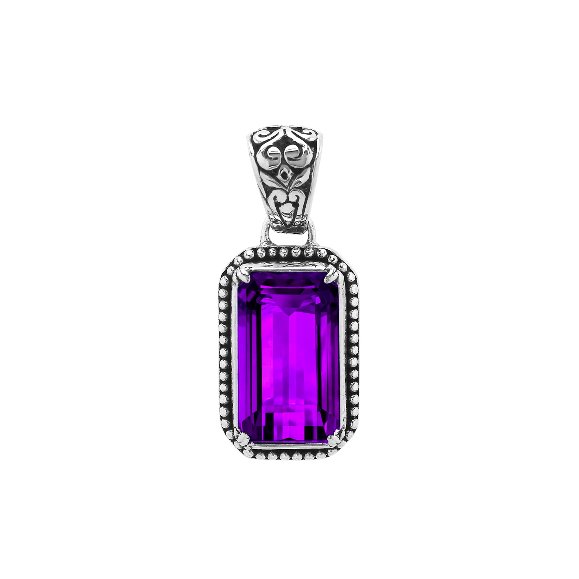 Sterling silver rectangular pendant featuring Amethyst Quartz with traditional Balinese beaded border and oxidized detailing.