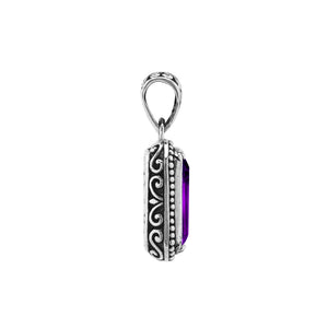 Sterling silver rectangular pendant featuring Amethyst Quartz with traditional Balinese beaded border and oxidized detailing.