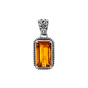 Sterling silver rectangular pendant with Citrine Quartz centerpiece and detailed Balinese beaded border craftsmanship.