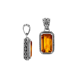 Sterling silver rectangular pendant with Citrine Quartz centerpiece and detailed Balinese beaded border craftsmanship.