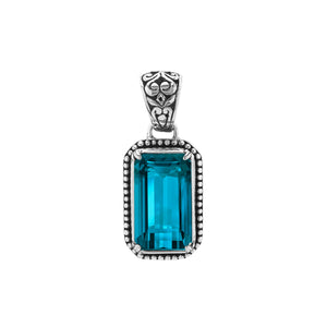 Sterling silver rectangular pendant featuring London Blue Topaz Quartz centerpiece with intricate beaded Balinese frame design.