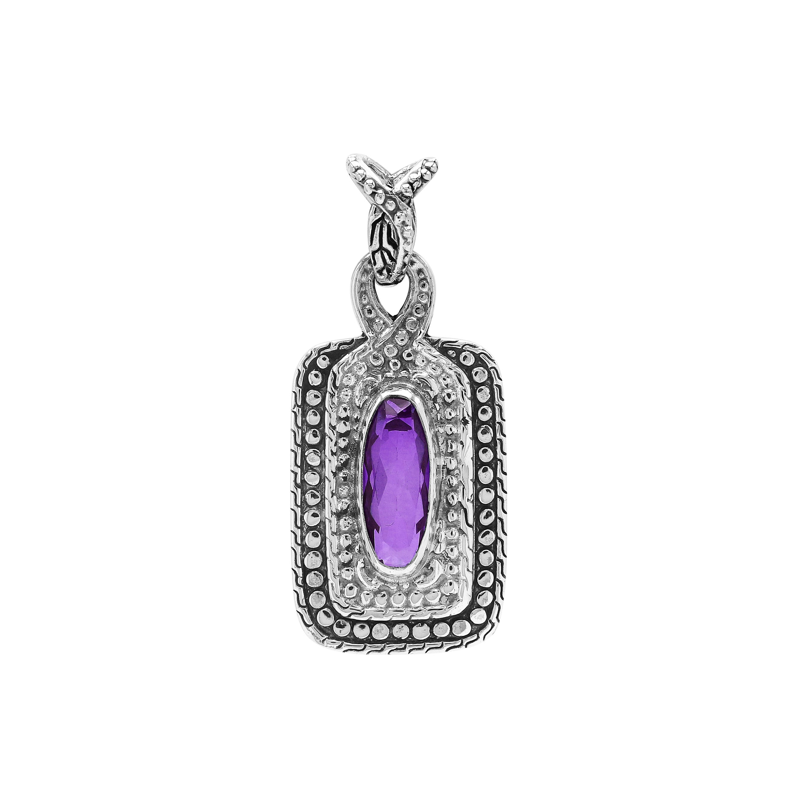 Sterling silver oval pendant featuring Amethyst Quartz with traditional beaded detailing and oxidized silver craftsmanship.