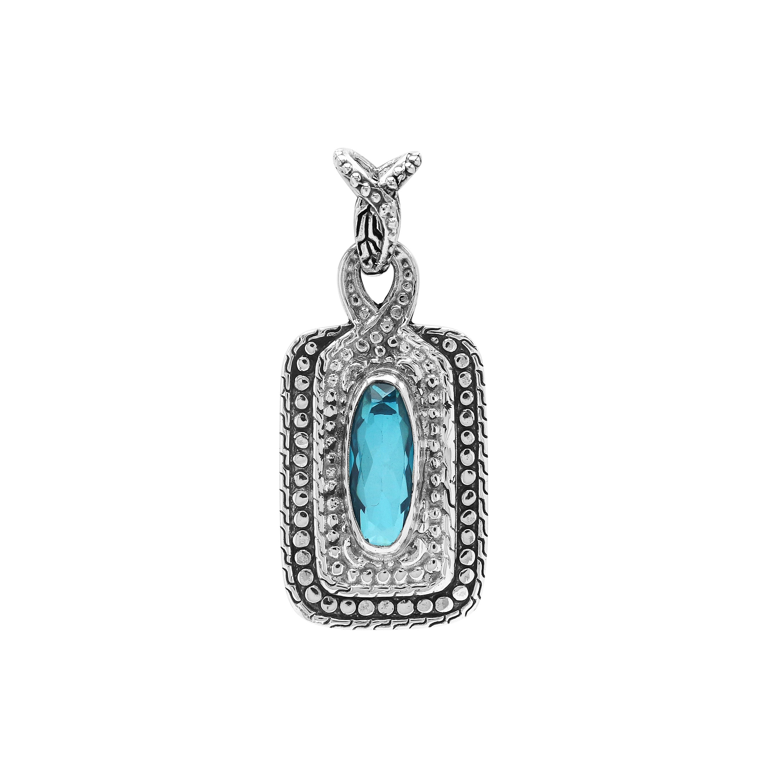 Sterling silver oval pendant featuring Blue Topaz Quartz with traditional beaded frame and oxidized silver detailing.