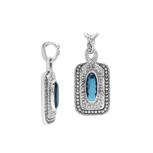 Sterling silver oval pendant featuring London Blue Topaz Quartz with traditional beaded frame and oxidized silver detailing.