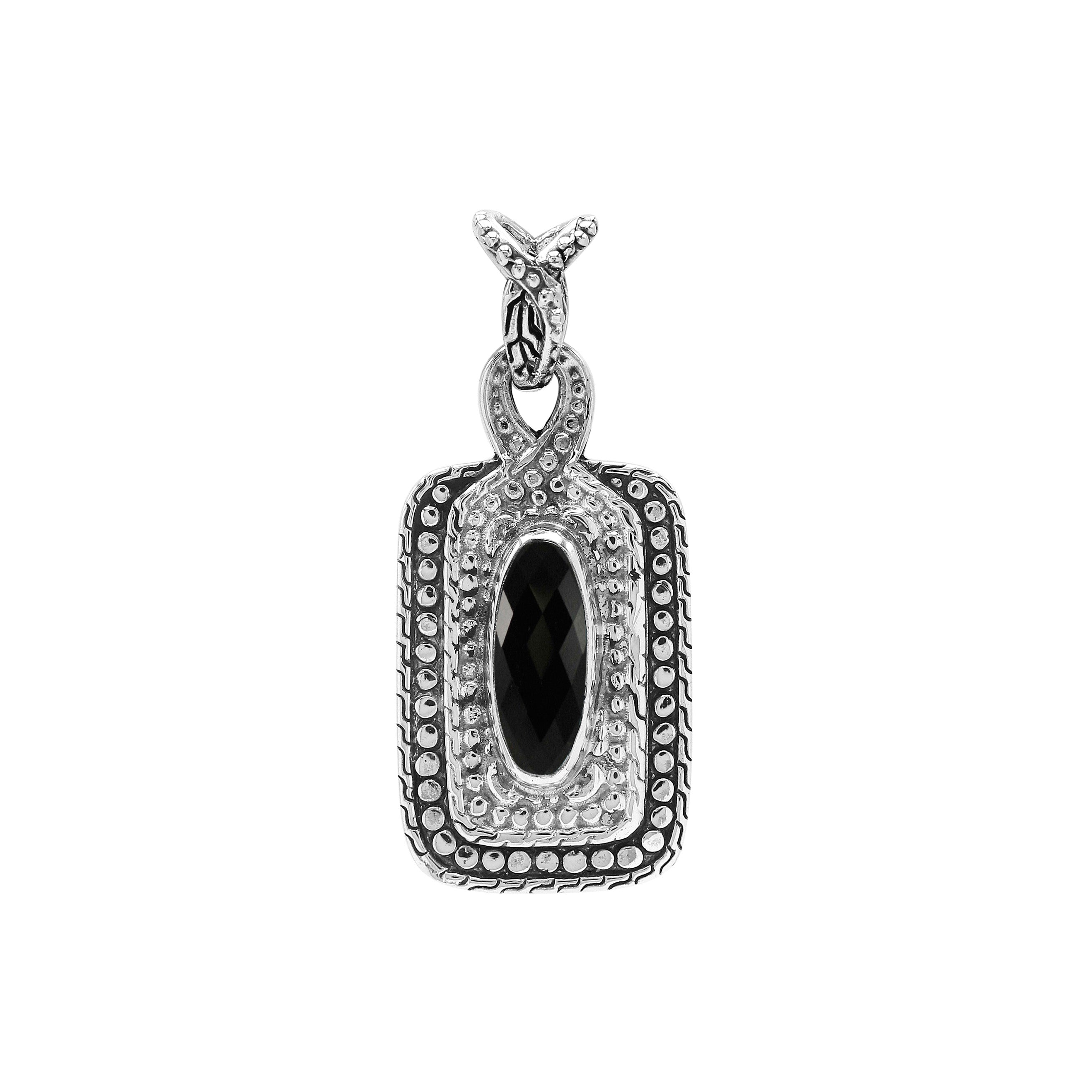 Sterling silver oval pendant featuring Black Onyx with traditional beaded frame and oxidized silver craftsmanship.