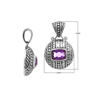 Sterling silver cushion pendant featuring Amethyst Quartz with detailed dome carving and oxidized Balinese silverwork.