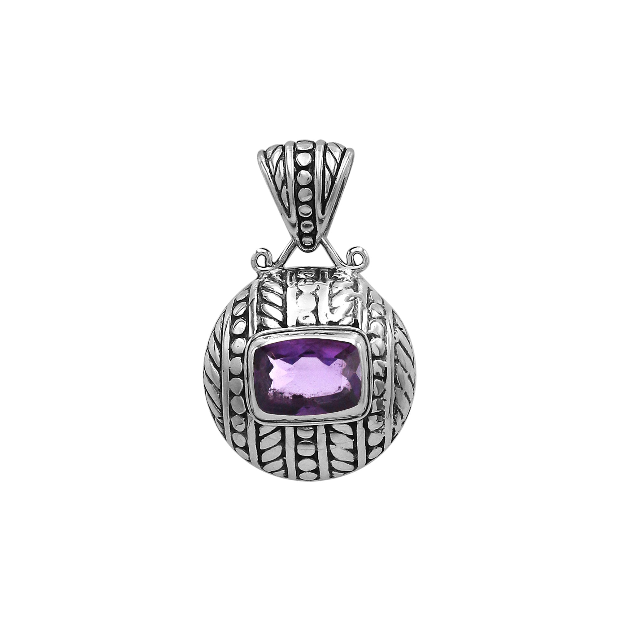 Sterling silver cushion pendant featuring Amethyst Quartz with detailed dome carving and oxidized Balinese silverwork.