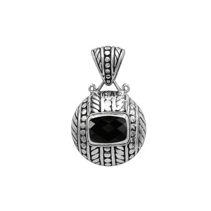 Round sterling silver pendant featuring cushion black onyx quartz, leaf carvings, dotted border, and smooth polished finish with Balinese detailing.