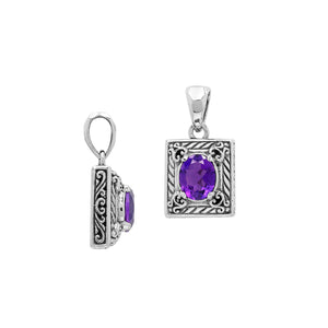 Rectangular sterling silver pendant featuring an oval amethyst quartz, detailed swirl patterns, and a smooth polished finish with traditional Balinese craftsmanship.