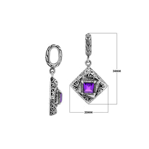 Diamond-shaped sterling silver pendant featuring square amethyst quartz centerpiece, filigree engraving, and smooth polished finish in classic Balinese design.