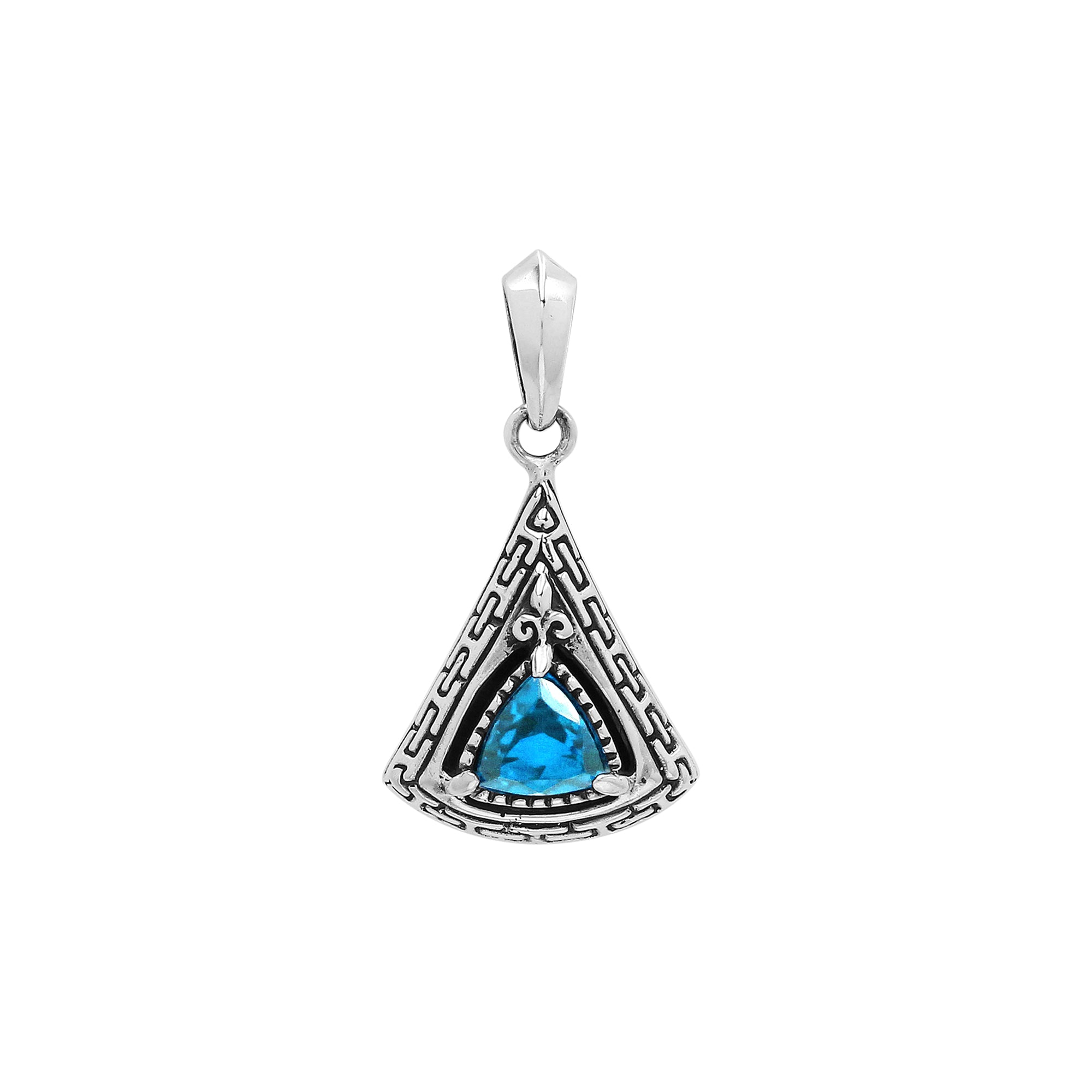 Triangular sterling silver pendant featuring trillion-cut blue topaz quartz with geometric engraving and polished Balinese finish.