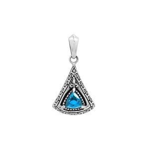 Triangular sterling silver pendant featuring trillion-cut blue topaz quartz with geometric engraving and polished Balinese finish.