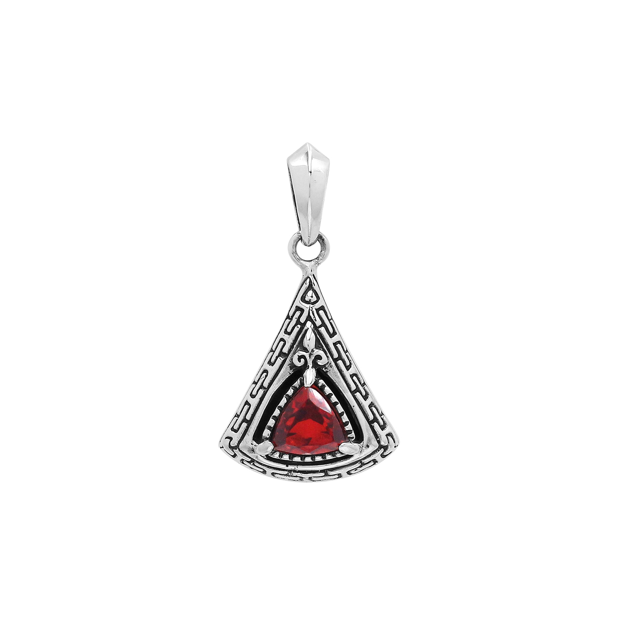 Triangular sterling silver pendant featuring red garnet quartz trillion-cut centerpiece, geometric Balinese engravings, and smooth high-gloss polish.