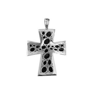 Sterling silver cross pendant featuring polished pebble texture and oxidized Balinese handcrafted detailing.