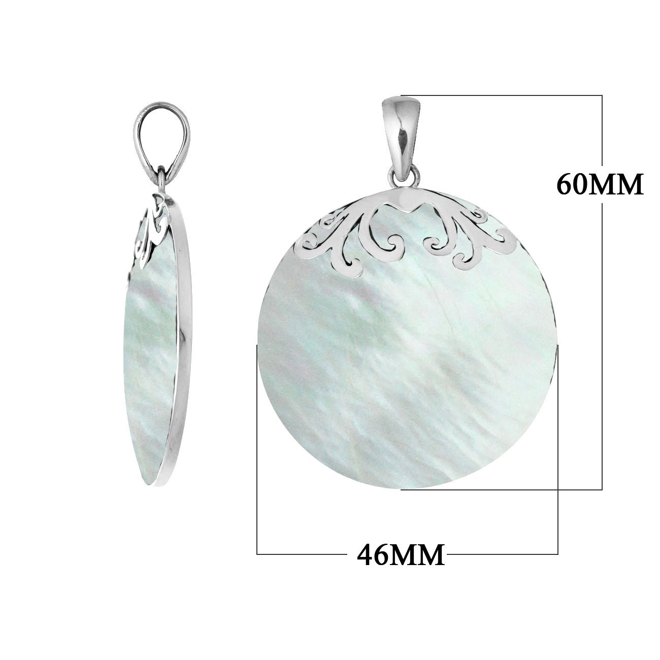 Sterling silver round pendant with Mother Of Pearl and elegant scroll detailing handcrafted in Bali.