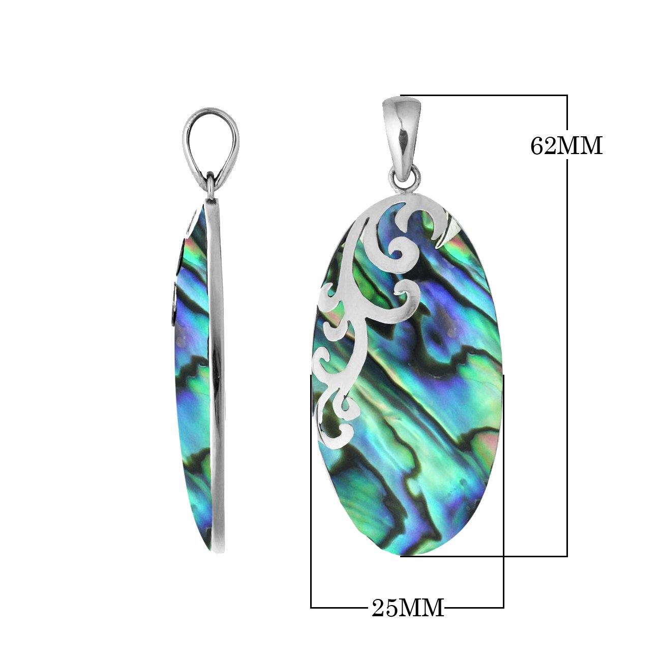 Sterling silver oval pendant with Abalone Shell and polished scroll detailing handcrafted in Bali.