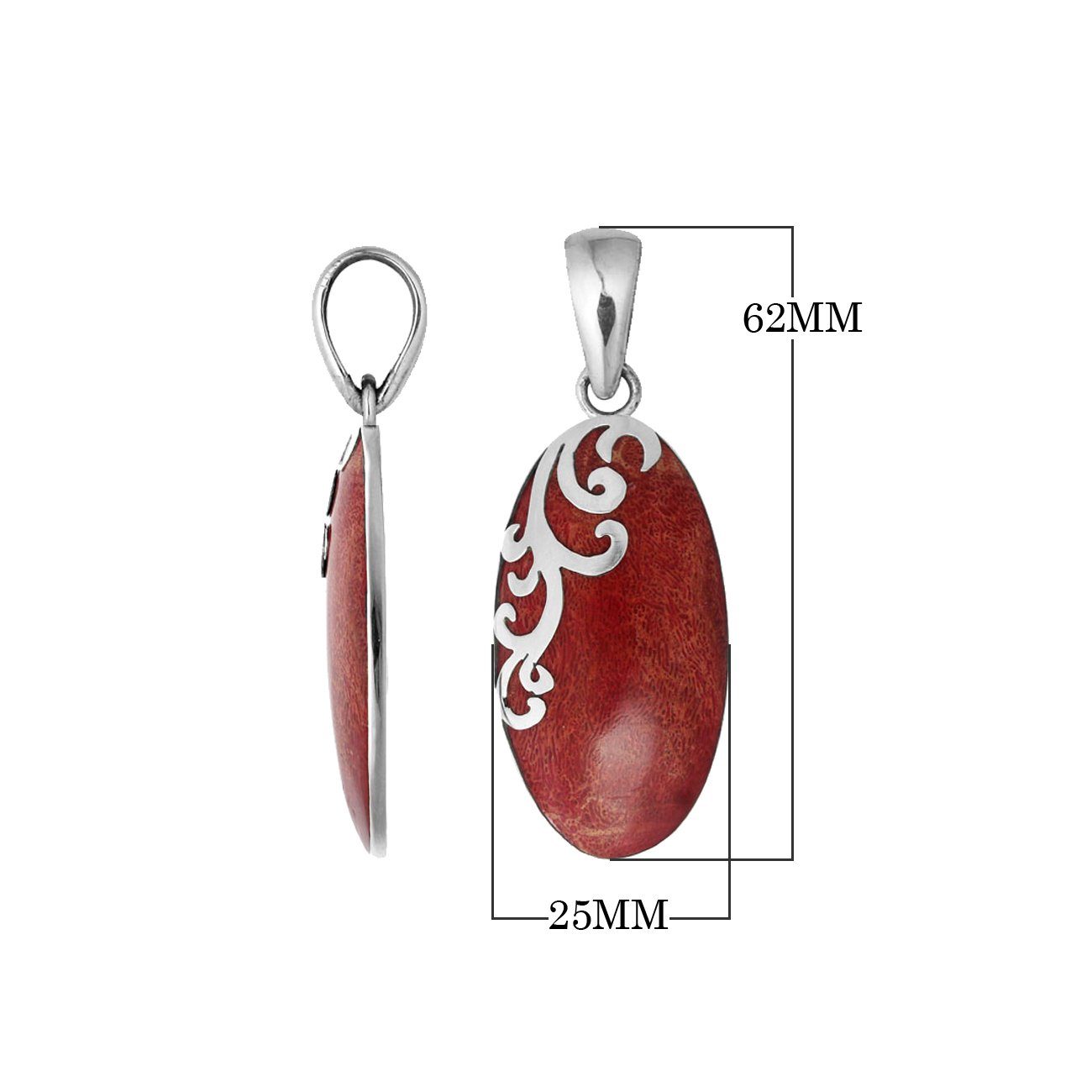 Sterling silver oval pendant featuring Red Coral with polished swirl embellishment handcrafted in Bali.