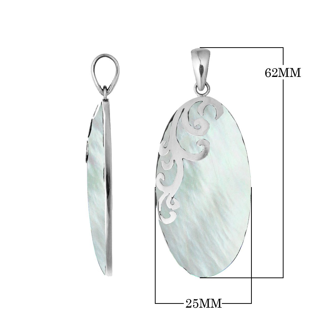Sterling silver oval pendant with Mother Of Pearl and polished vine detailing handcrafted in Bali.