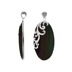Sterling silver oval pendant with Black Shell and polished scroll detailing handcrafted in Bali.