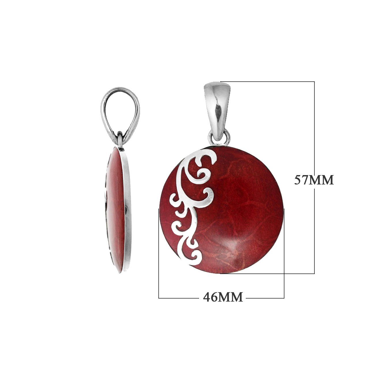 Round sterling silver pendant featuring Red Coral with swirl motif and polished artistic detailing.