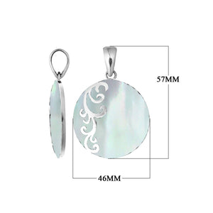 Artisan sterling silver pendant with luminous Mother of Pearl and flowing swirl accents.