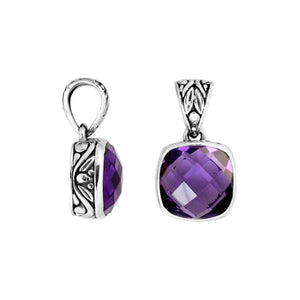 Sterling silver faceted Amethyst Quartz cushion pendant with Balinese enhancer bail.
