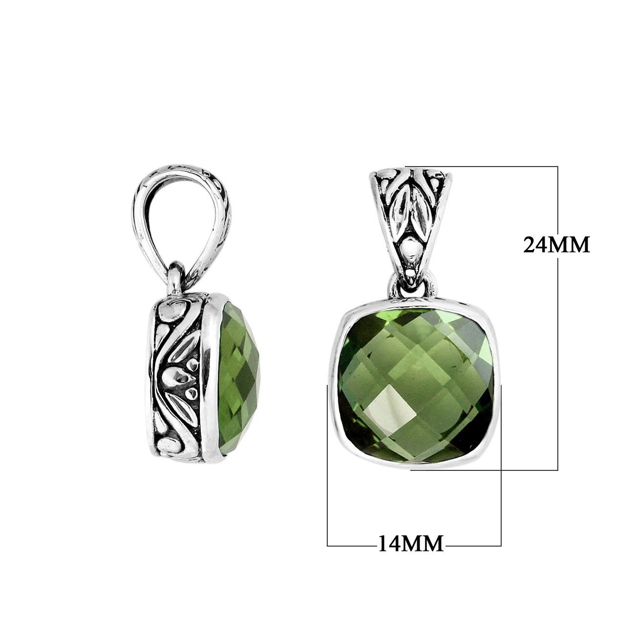 Sterling silver Green Amethyst Quartz cushion pendant with Balinese enhancer bail.