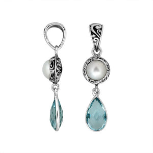 Sterling silver Mabe Pearl and Blue Topaz Quartz dual-drop Balinese pendant.