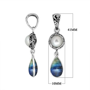 Sterling silver Mabe Pearl and Labradorite dual-drop Balinese pendant.