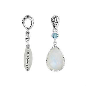 Sterling silver Blue Topaz Quartz and Rainbow Moonstone teardrop pendant.