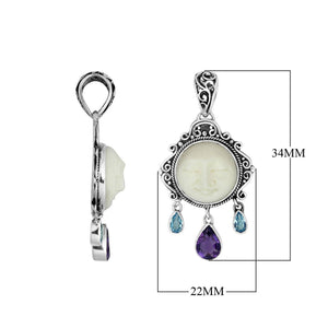 Sterling silver Bone Face pendant with Amethyst Quartz and Blue Topaz Quartz.