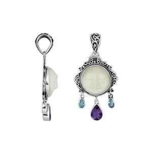 Sterling silver Bone Face pendant with Amethyst Quartz and Blue Topaz Quartz.
