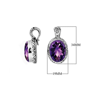Sterling silver oval pendant featuring faceted Amethyst Quartz with detailed artisan metalwork.
