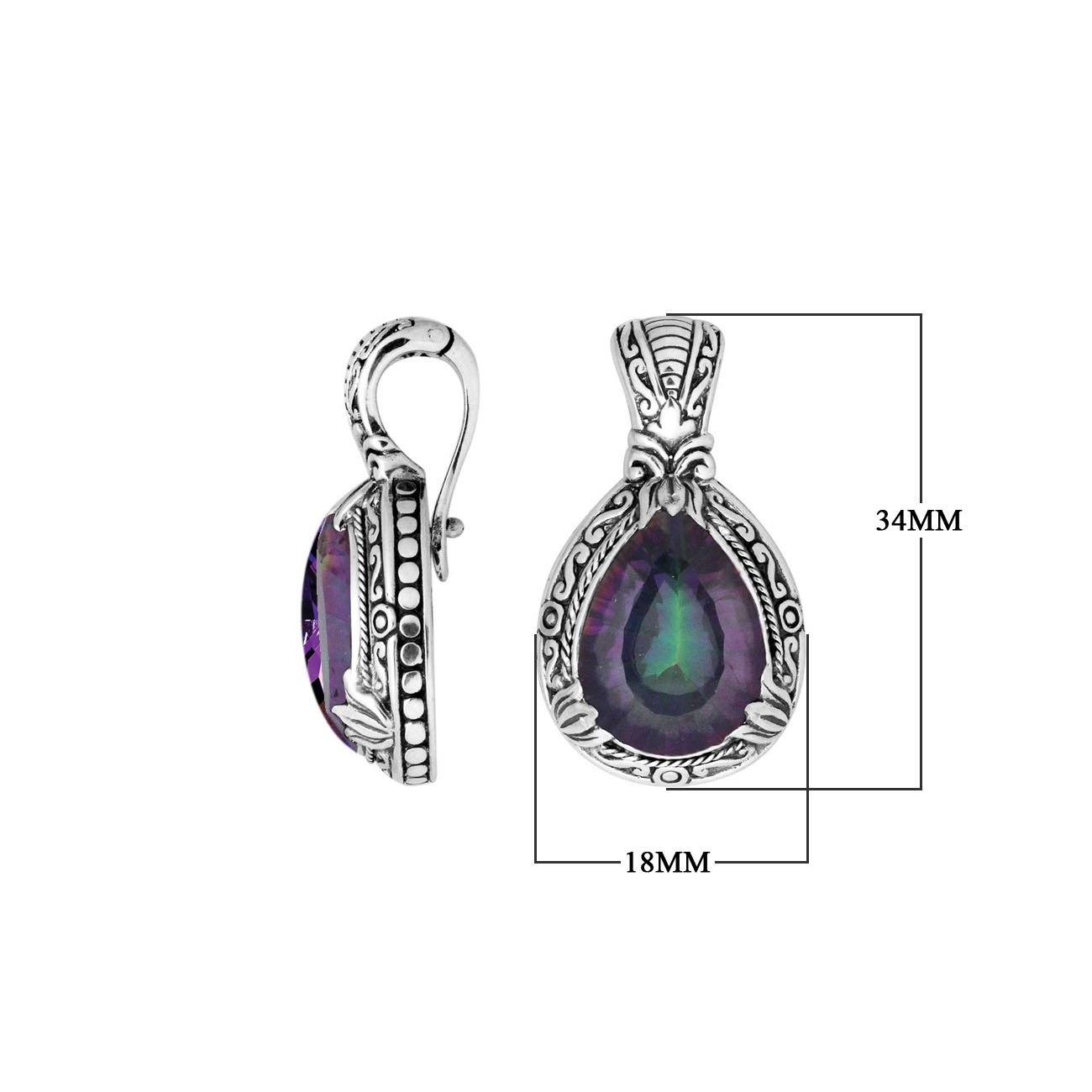 Sterling silver pendant featuring a teardrop Mystic Quartz set in a detailed carved Balinese frame with a glossy polished finish.