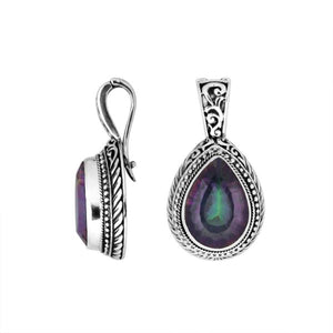 Wholesale sterling silver Mystic Topaz Quartz pear shape pendant with enhancer bail and Balinese handicraft design handcrafted in Bali