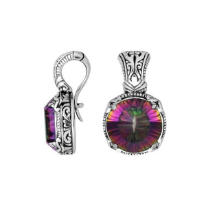 Wholesale sterling silver Mystic Topaz Quartz round pendant with Balinese handicraft design and antique finish handcrafted in Bali