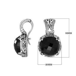 Sterling silver cushion pendant featuring faceted Black Onyx set in a carved Balinese frame with a polished glossy finish.