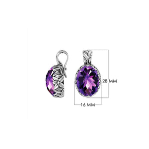 Sterling silver oval-shaped Amethyst Quartz pendant with floral detailing and enhancer bail, polished for brilliance, ideal for wholesale jewelry catalogs and distributors.
