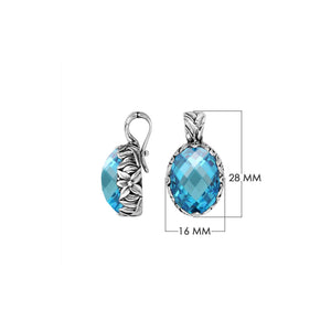 Sterling silver oval-shaped Blue Topaz Quartz pendant with floral detailing and enhancer bail, polished for brilliance and ideal for wholesale jewelry collections and catalogs.