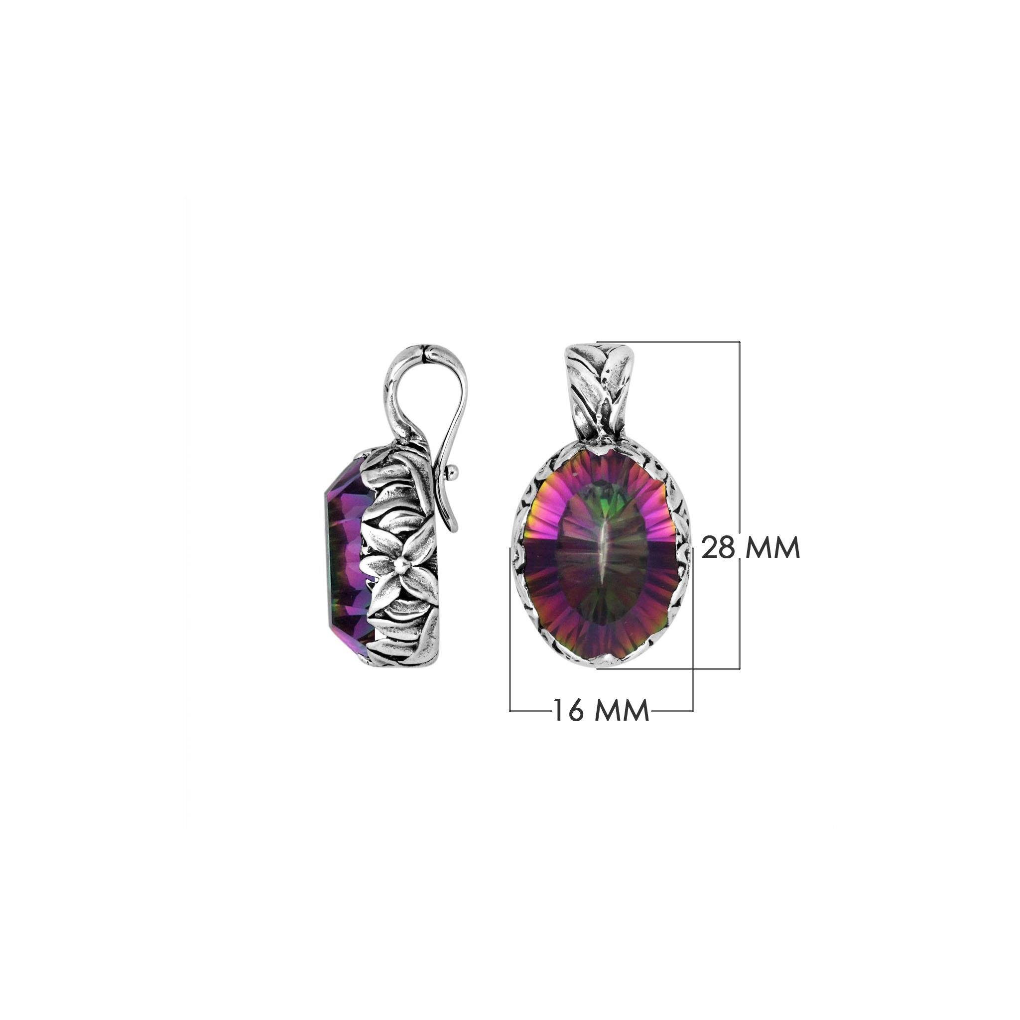 Sterling silver oval-shaped Mystic Quartz pendant with intricate floral detailing and enhancer bail, featuring iridescent hues and polished shine, ideal for wholesale jewelry distributors.