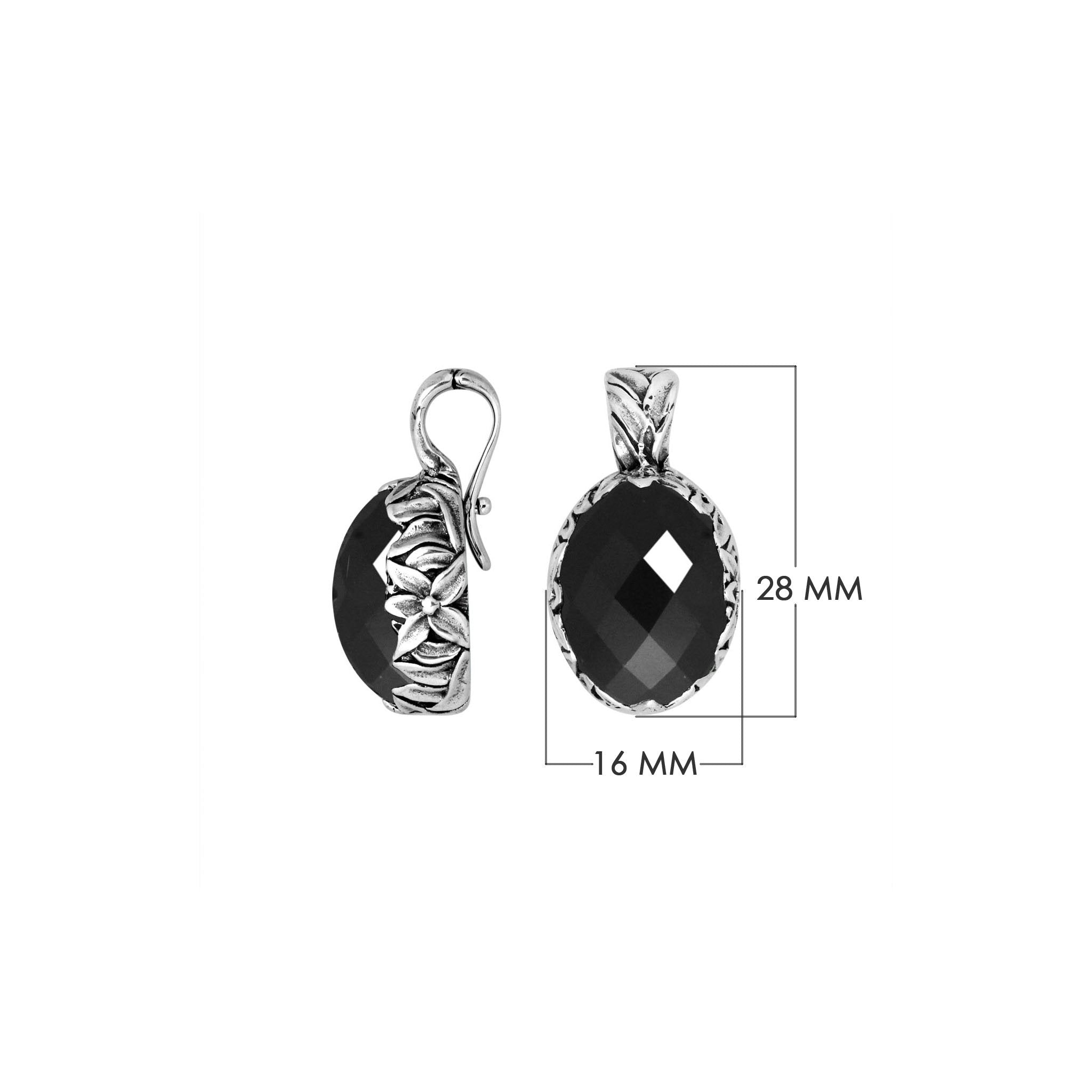 Sterling silver oval pendant featuring faceted Black Onyx with detailed Balinese floral engraving.