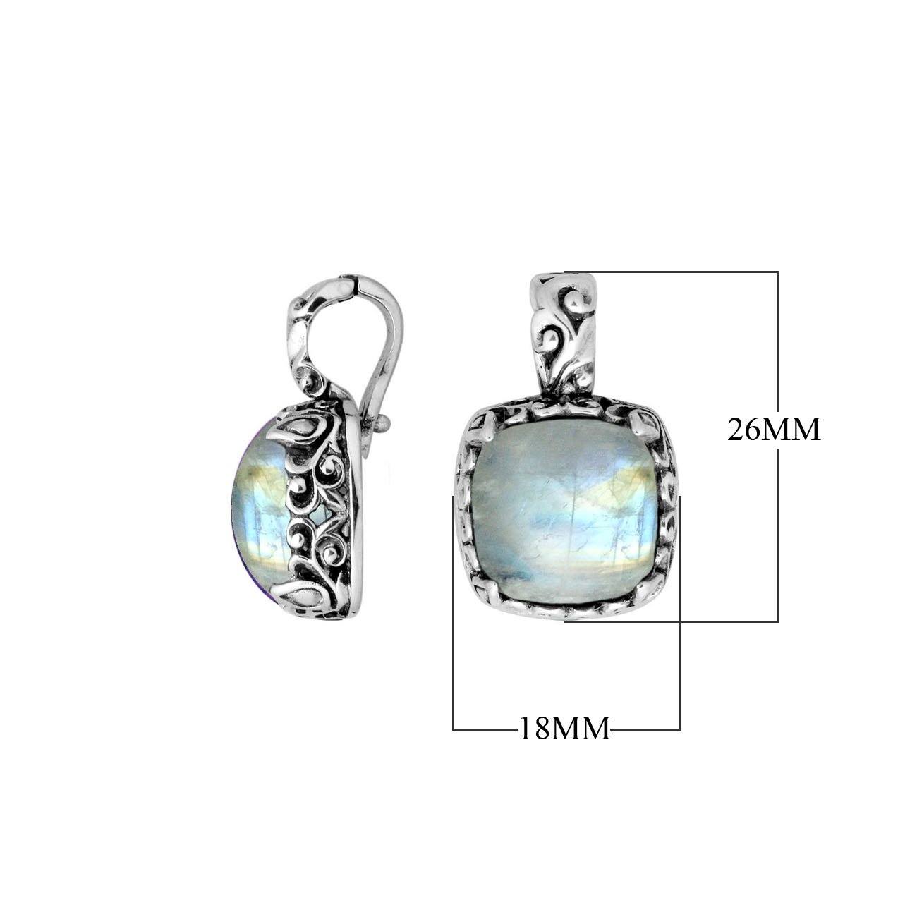 Sterling silver cushion pendant with Rainbow Moonstone and Balinese scroll detailing.