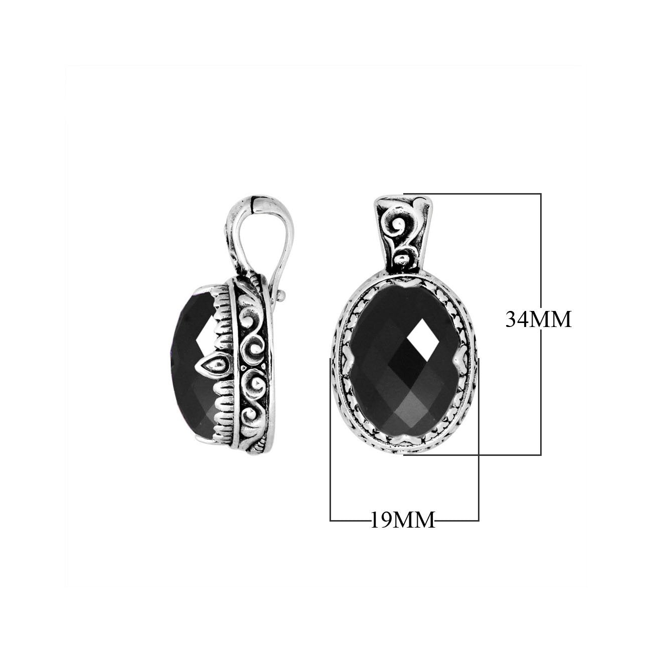 Sterling silver oval pendant featuring a deep Black Onyx center highlighted by intricate Balinese scroll carvings and a finely polished artistic frame design.