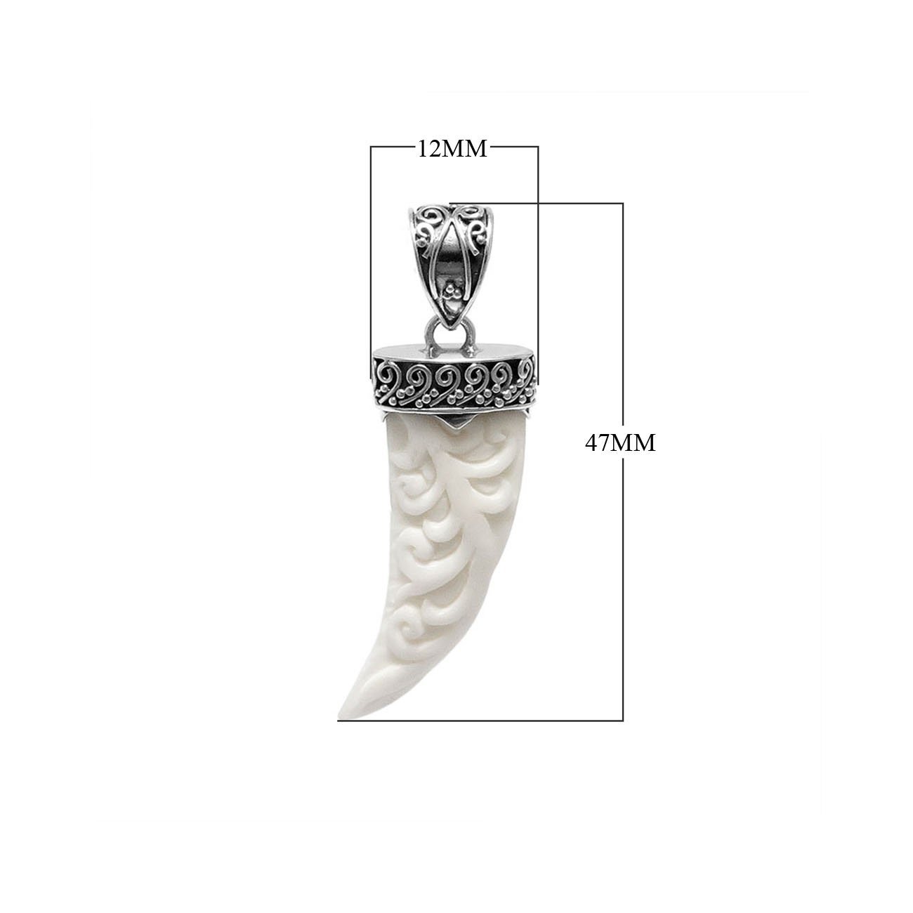 Sterling silver carved bone horn pendant featuring decorative Balinese patterned cap with polished finishing suitable for classic wholesale jewelry collections