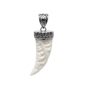Sterling silver carved bone horn pendant featuring decorative Balinese patterned cap with polished finishing suitable for classic wholesale jewelry collections