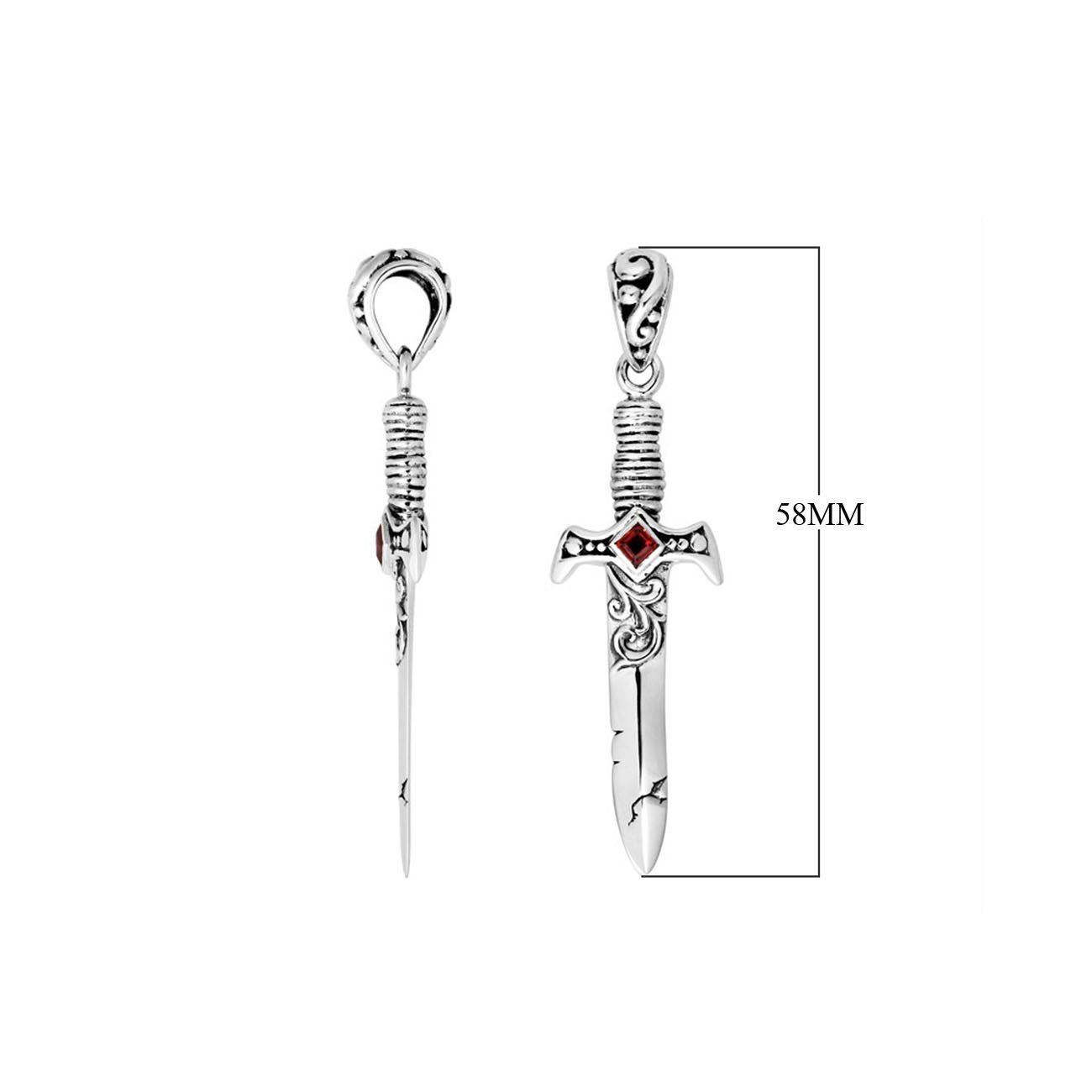 Sterling silver sword pendant featuring carved detailing and a Red Garnet Quartz centerpiece designed for classic wholesale jewelry assortments