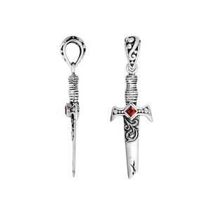 Sterling silver sword pendant with carved guard detailing and a square Red Garnet Quartz centerpiece designed for classic wholesale jewelry assortments