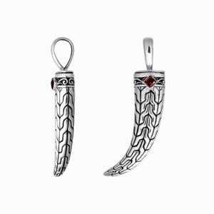 Sterling silver engraved horn pendant featuring tribal cap detailing and a square Red Garnet Quartz accent designed for classic wholesale jewelry assortments